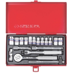 Nasadki krótkie 1/4" 6/8-kąt. 4-12mm Z AKCESORIAMI 18cz. CHROM, KASETA