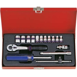 Komplet nasadek 1/4'' 16cz. krótkie 6-kąt. CALOWE 5/32'' - 1/2'' z akcesoriami, CHROM, KASETA