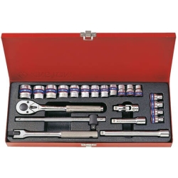 Komplet nasadek 3/8'' 23cz. krótkie 12-kąt. 6-22mm z akcesoriami