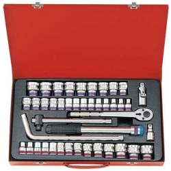Komplet nasadek 1/2'' 43cz. krótkie 6-kąt. 8-32mm, CALOWE 3/8'' - 1.1/4'' z akcesoriami
